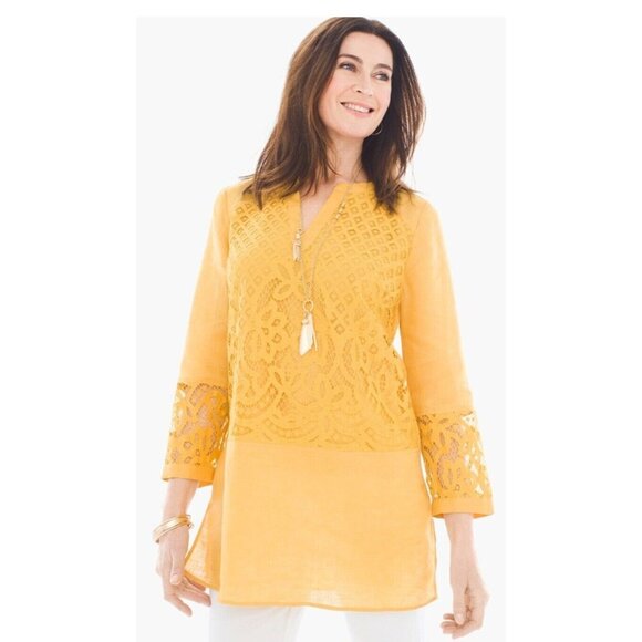 Chico's Tops - Chico's Women's Top Yellow Linen Lace Front Long Sleeve Tunic Shirt Blouse XL
